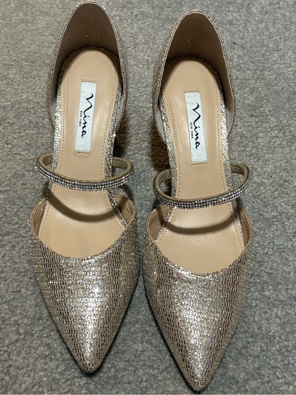 Nina Gold Glitter Pointed Mary Jane Heels
